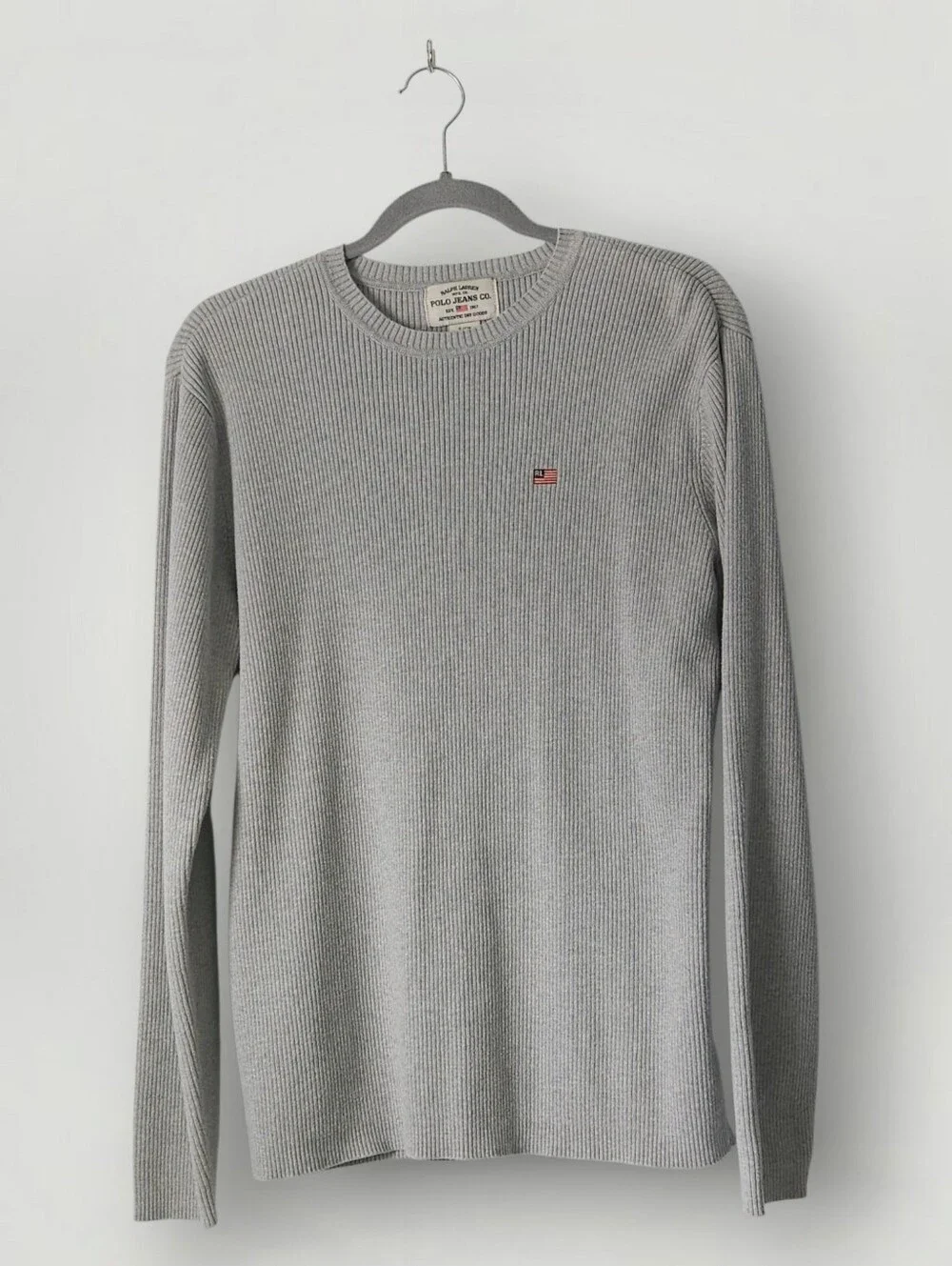 Polo Jeans Co Ralph Lauren Ribbed Sweater Small Gray Flag Logo Crewneck Vintage